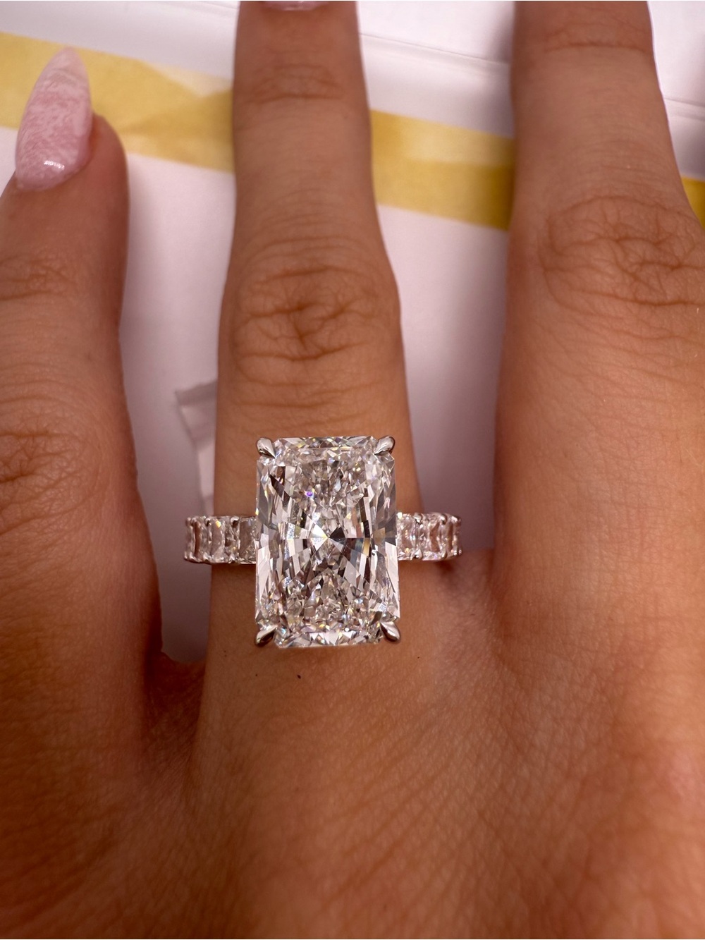 4.03 carat E VS1 radiant cut lab diamond with radiant cut band engagement ring